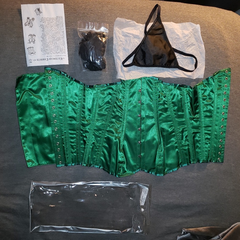 NIB Green Satin Bustier Set with Thong